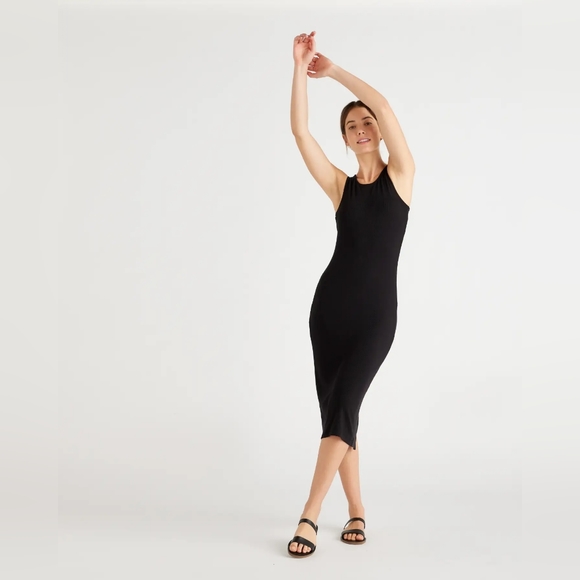 NEW Quince Tencel Rib Knit Sleeveless Dress Black Sz XS - Picture 2 of 8